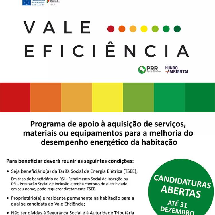 Candidaturas ao “VALE EFICIÊNCIA” abertas até 31 dezembro